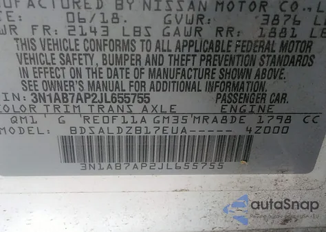 2018 Nissan Sentra Sv from USA, damaged, VIN 3N1AB7AP2JL655755